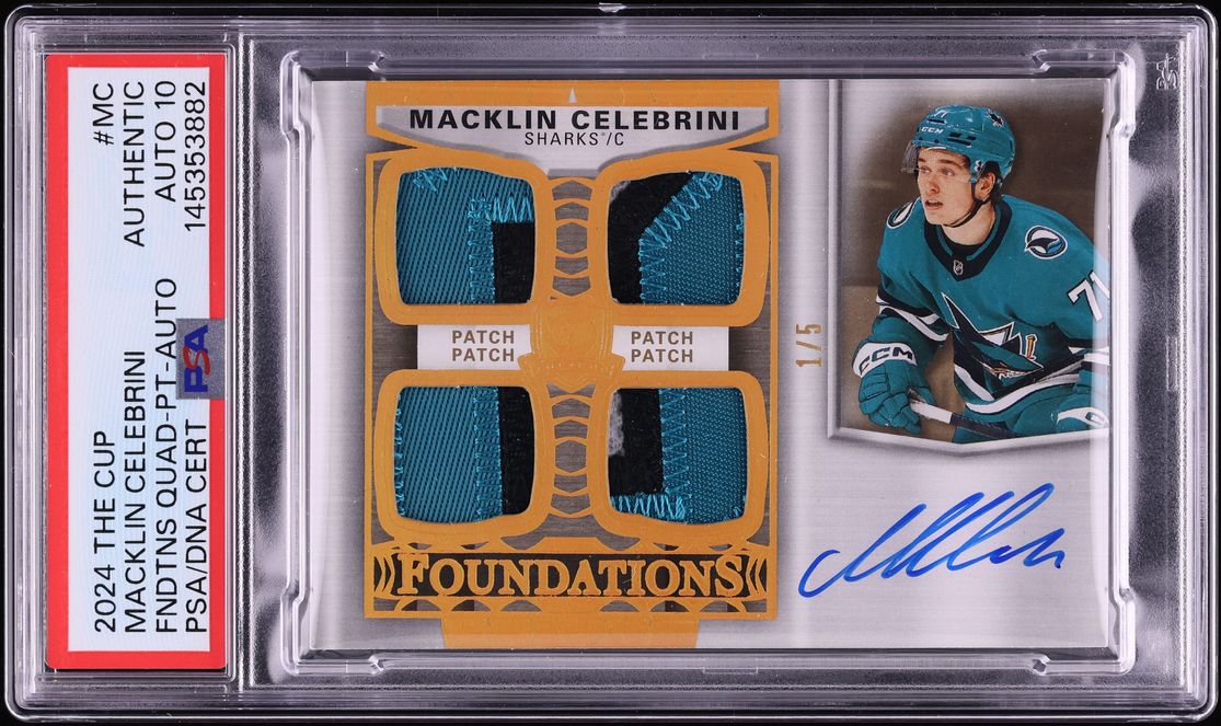 2024 UD The Cup Foundations Quad Macklin Celebrini ROOKIE PATCH AUTO DNA 10 1/5 #MC PSA AUTH