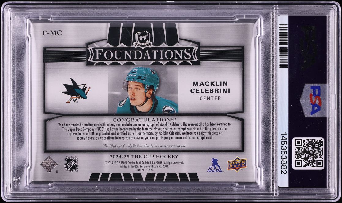 2024 UD The Cup Foundations Quad Macklin Celebrini ROOKIE PATCH AUTO DNA 10 1/5 #MC PSA AUTH