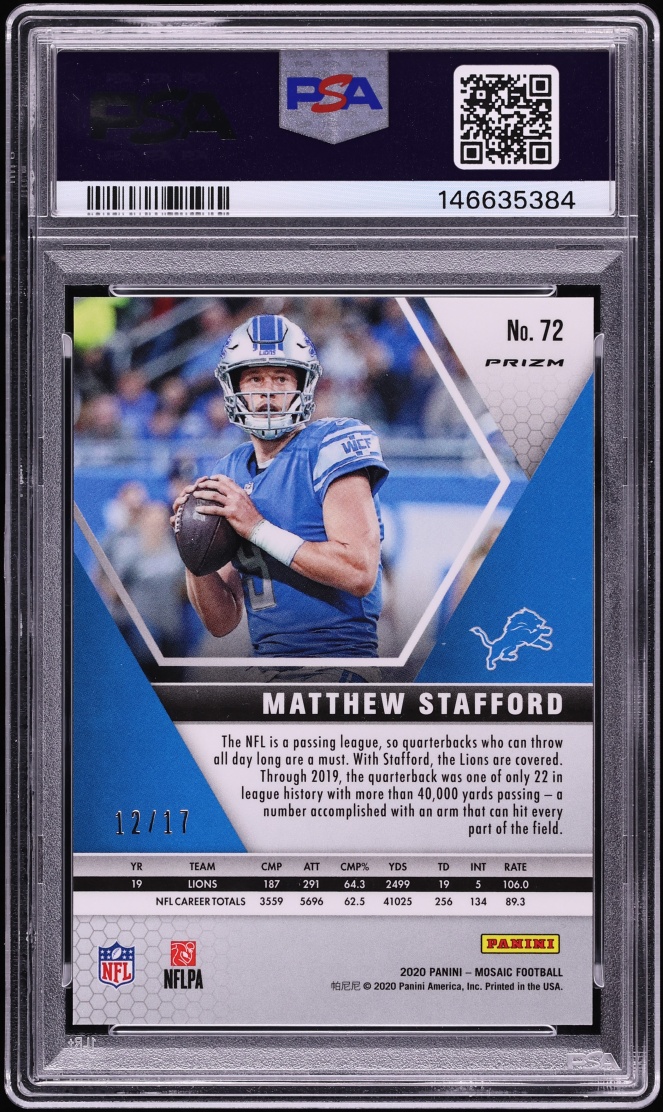 2020 Panini Mosaic Gold Matthew Stafford /17 #72 PSA 9 MINT - Photo 2