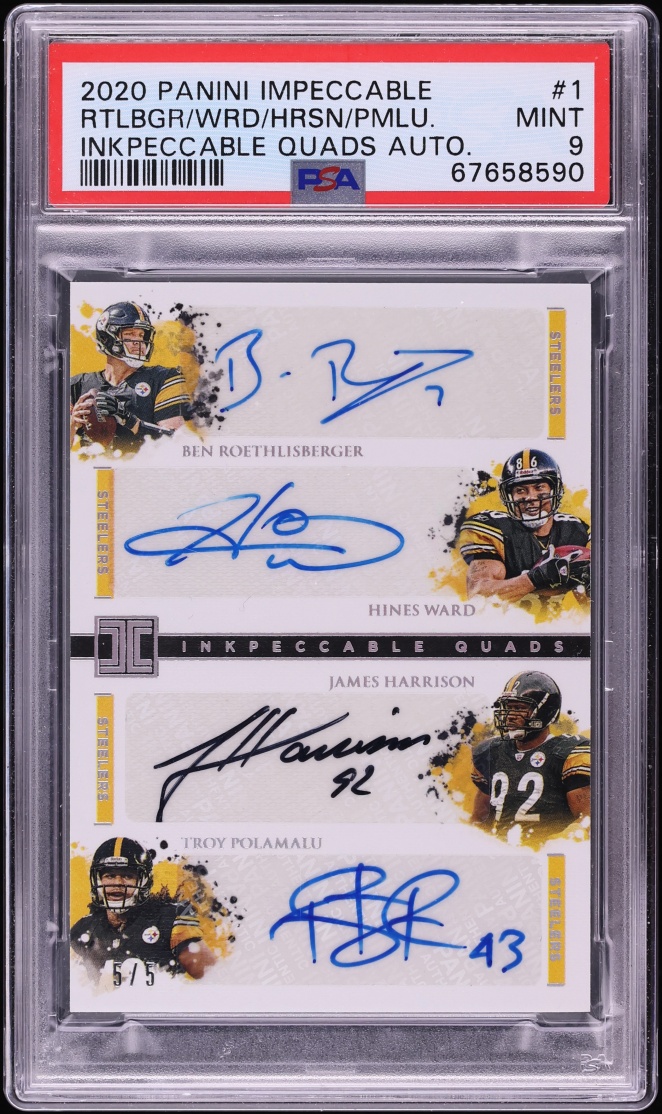2020 Panini Impeccable Ben Roethlisberger Hines Ward Troy Polamalu Harrison AUTO 5/5 #1 PSA 9