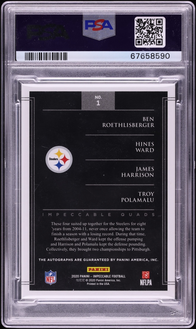 2020 Panini Impeccable Ben Roethlisberger Hines Ward Troy Polamalu Harrison AUTO 5/5 #1 PSA 9