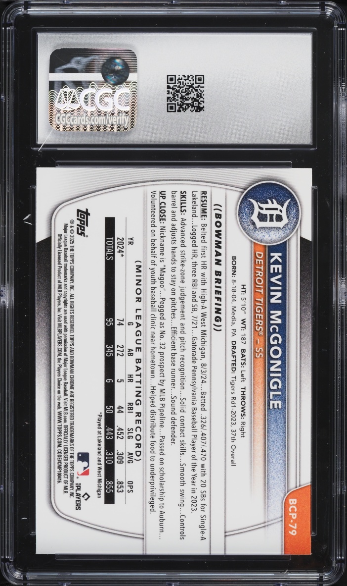 2025 Bowman Chrome Kevin McGonigle PROSPECT #BCP-79 CGC 10 GEM MINT