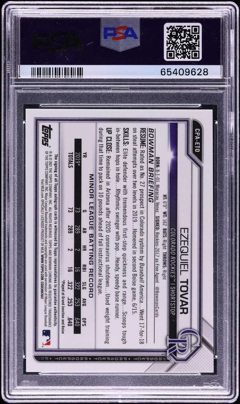 2021 Bowman Chrome Ezequiel Tovar PROSPECT AUTO PSA 10 GEM MINT