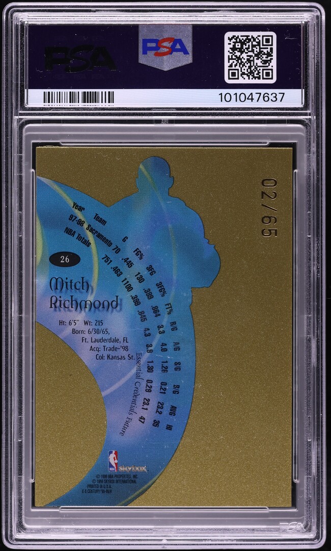 1998 Skybox E-X Century Essential Credentials Future Mitch Richmond /65 #26 PSA 8 NM-MT - Photo 2