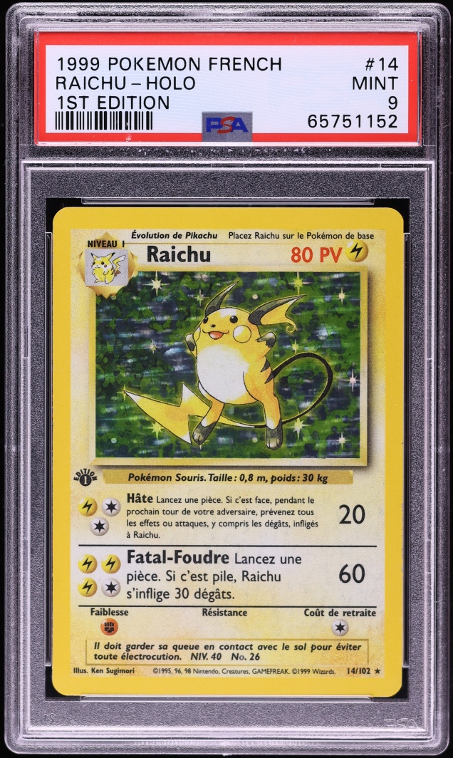 1999 Pokemon French Base Set 1st Edition Holo Raichu #14 PSA 9 MINT