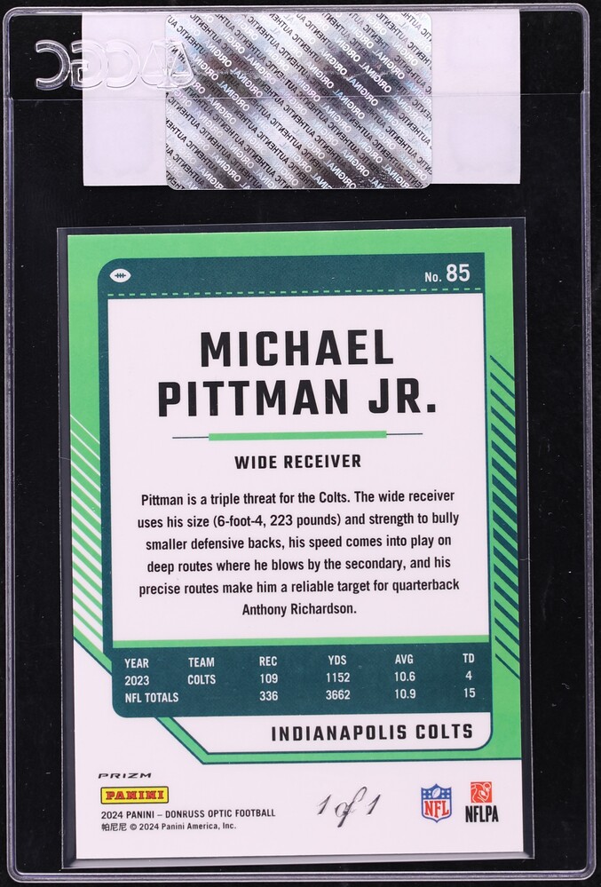 2024 Donruss Optic Gold Vinyl Michael Pittman Jr. 1/1 #85 CGC AUTH - Photo 2