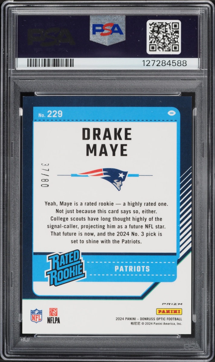 2024 Donruss Optic Pink Velocity Prizm Drake Maye ROOKIE /80 #229 PSA 9 MINT - Photo 2