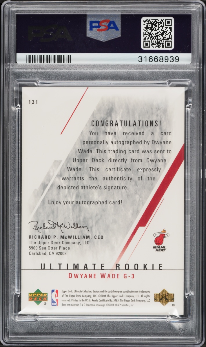 2003 Ultimate Collection Dwyane Wade ROOKIE AUTO /250 #131 PSA 10 GEM MINT - Photo 2