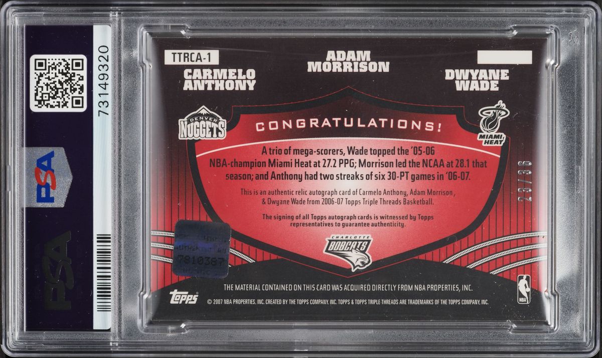 2006 Topps Triple Threads Dwyane Wade Carmelo Anthony Adam Morrison RC PATCH AUTO /36 #1 PSA 9 - Photo 2