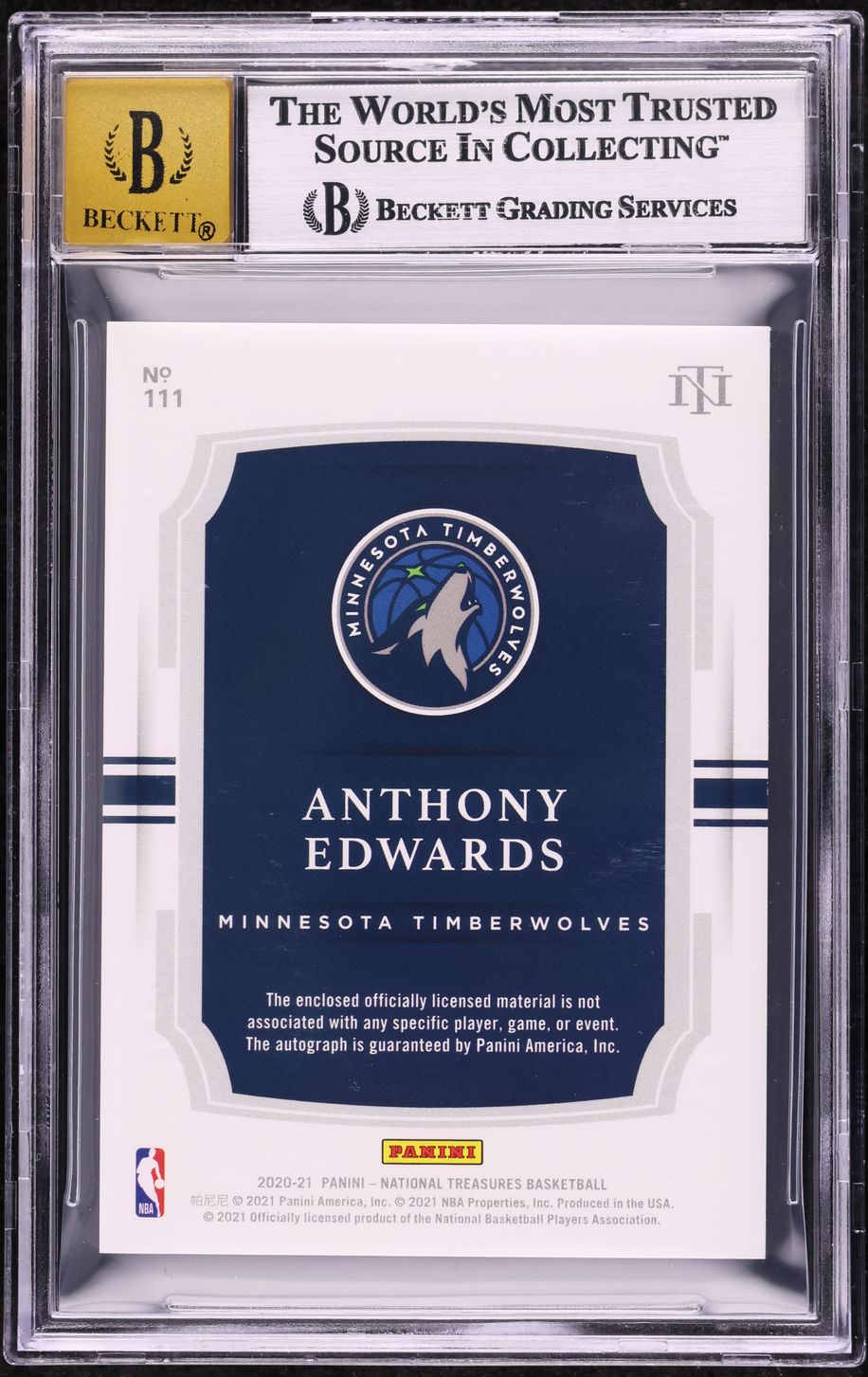 2020 National Treasures Anthony Edwards ROOKIE PATCH AUTO /99 #111 BGS 8 NM-MT