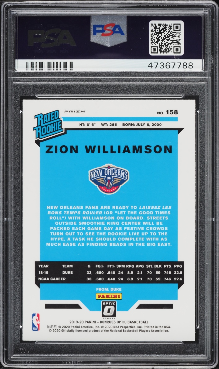 2019 Donruss Optic Holo Zion Williamson ROOKIE #158 PSA 10 GEM MINT