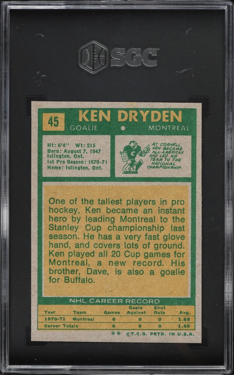 1971 Topps Hockey Ken Dryden ROOKIE #45 SGC 5 EX