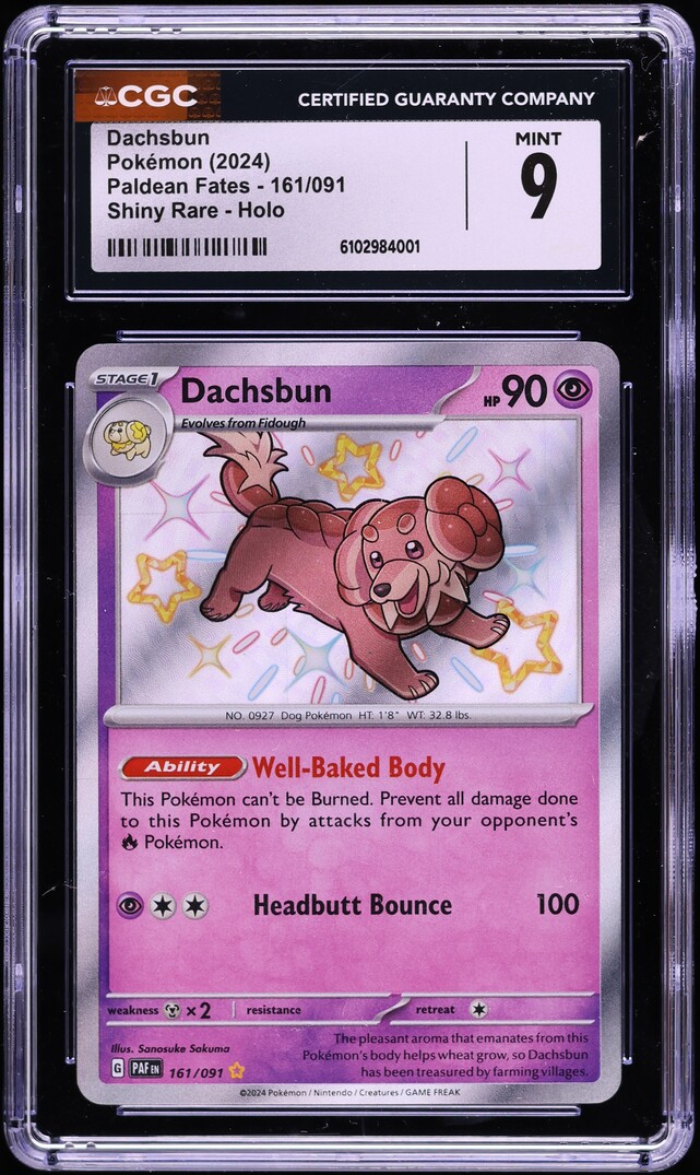 2024 Pokemon Scarlet & Violet Paldean Fates Shiny Dachsbun #161 CGC 9 MINT