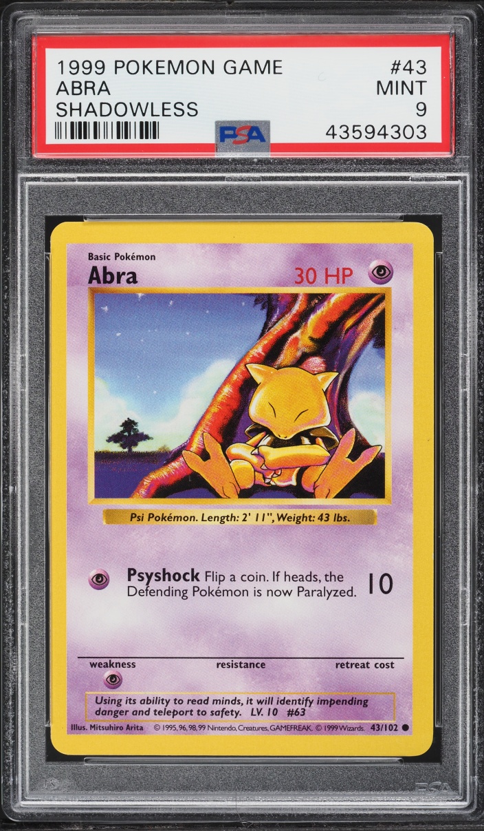 1999 Pokemon Base Set Shadowless Abra #43 PSA 9 MINT