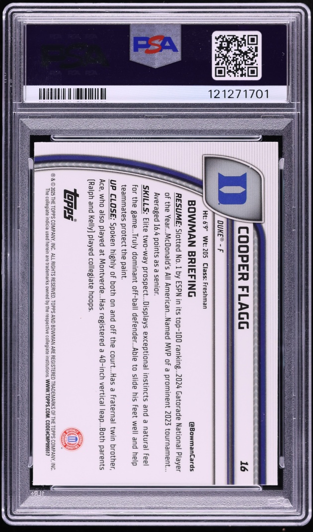 2024 Bowman Chrome University Aqua Wave Cooper Flagg ROOKIE /299 #16 PSA 10 GEM MINT