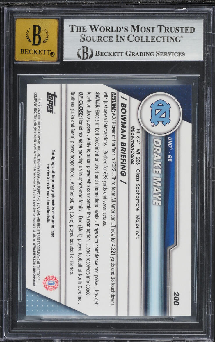2023 Bowman Chrome University Drake Maye PROSPECT AUTO #200 BGS 9 MINT