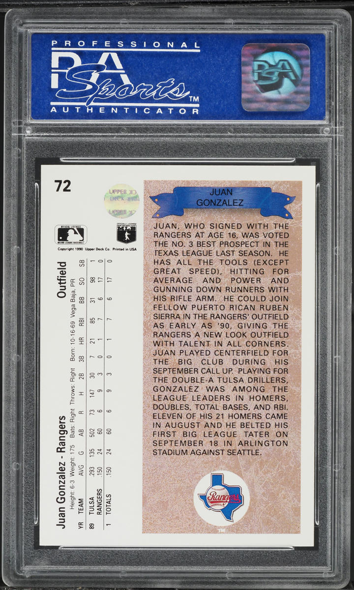 1990 Upper Deck Juan Gonzalez ROOKIE #72 PSA 8 NM-MT