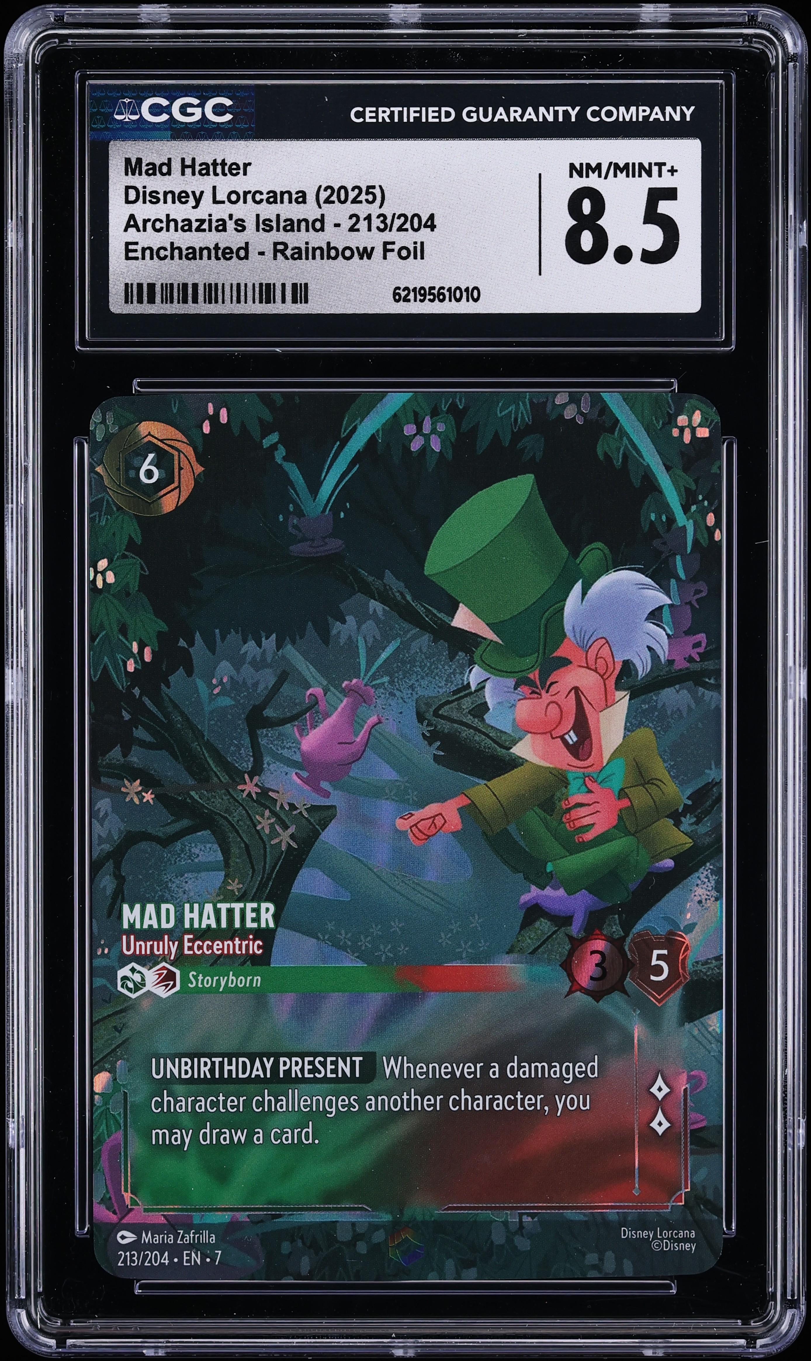 2025 Disney Lorcana Archazia Island Enchanted Rainbow Foil Mad Hatter Unruly Eccentric CGC 8.5