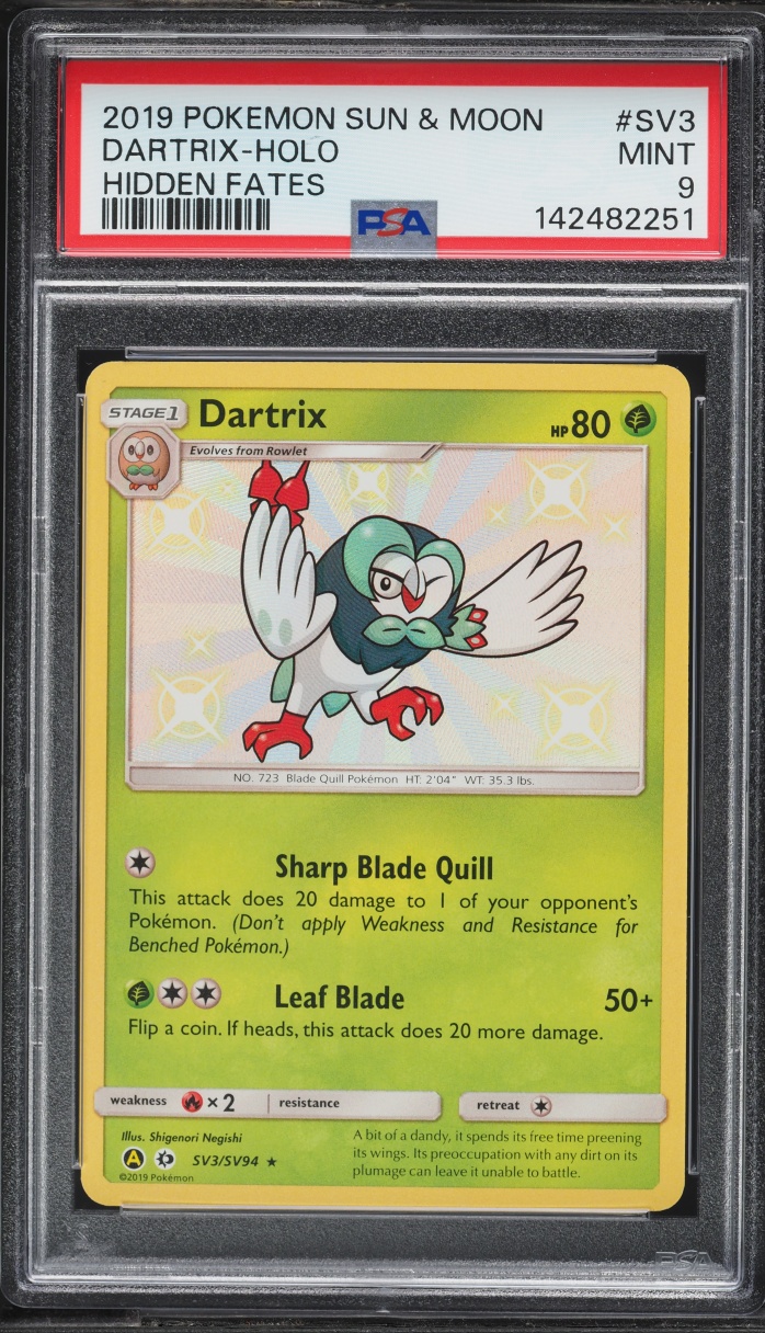 2019 Pokemon Sun & Moon Hidden Fates Shiny Dartrix #SV3 PSA 9 MINT