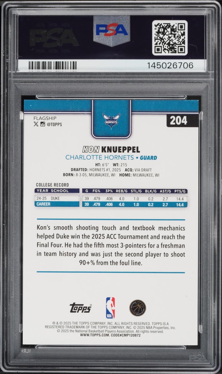 2025 Topps Basketball Kon Knueppel ROOKIE #204 PSA 9 MINT