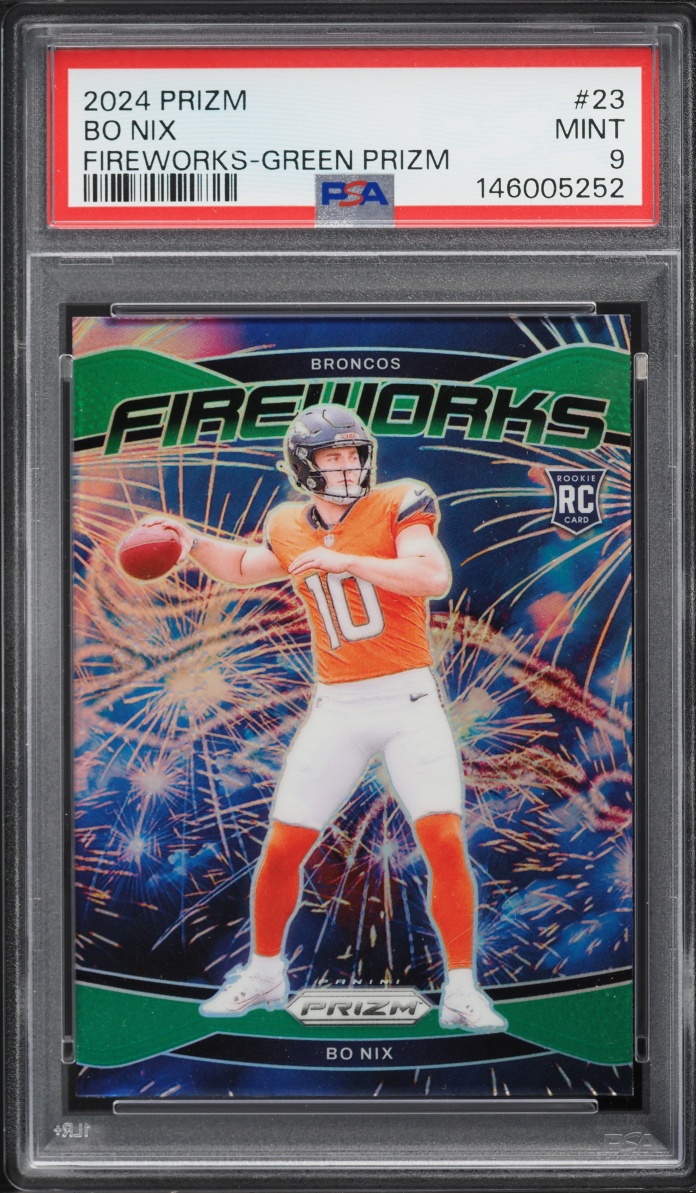 2024 Panini Prizm Fireworks Green Bo Nix ROOKIE #23 PSA 9 MINT