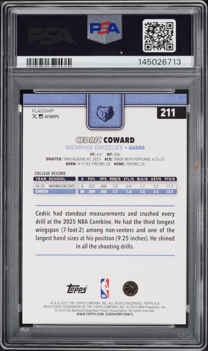 2025 Topps Basketball Cedric Coward ROOKIE #211 PSA 10 GEM MINT