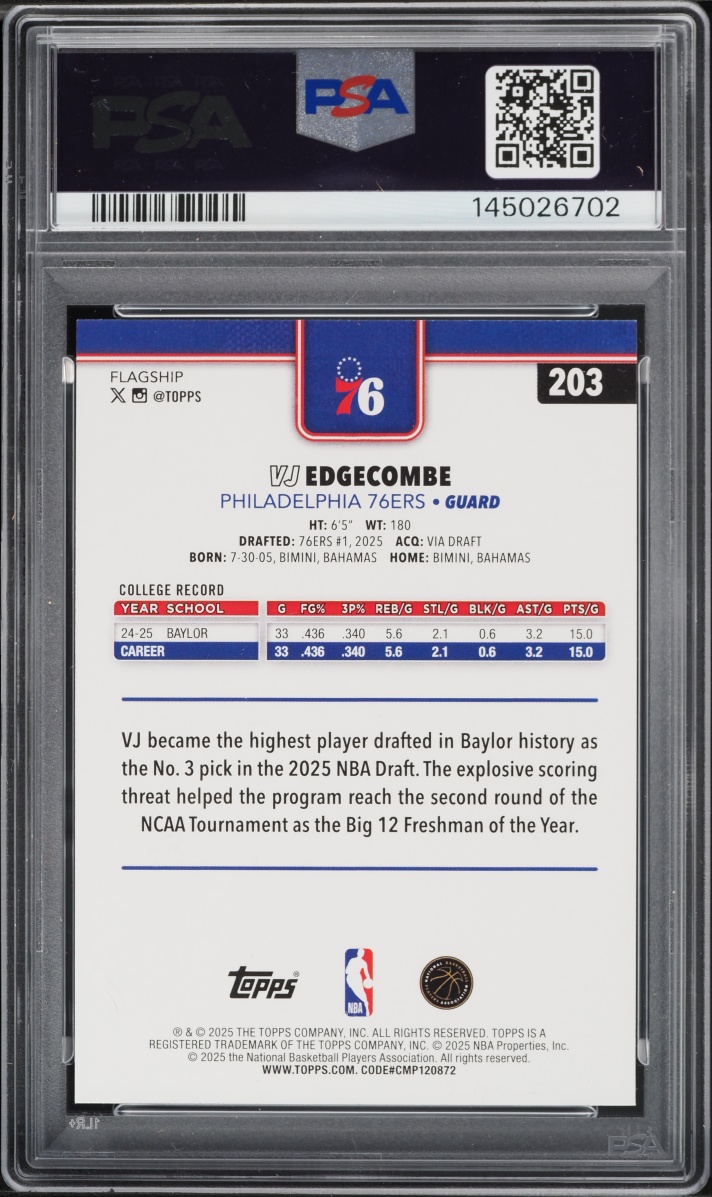 2025 Topps Basketball VJ Edgecombe ROOKIE #203 PSA 10 GEM MINT