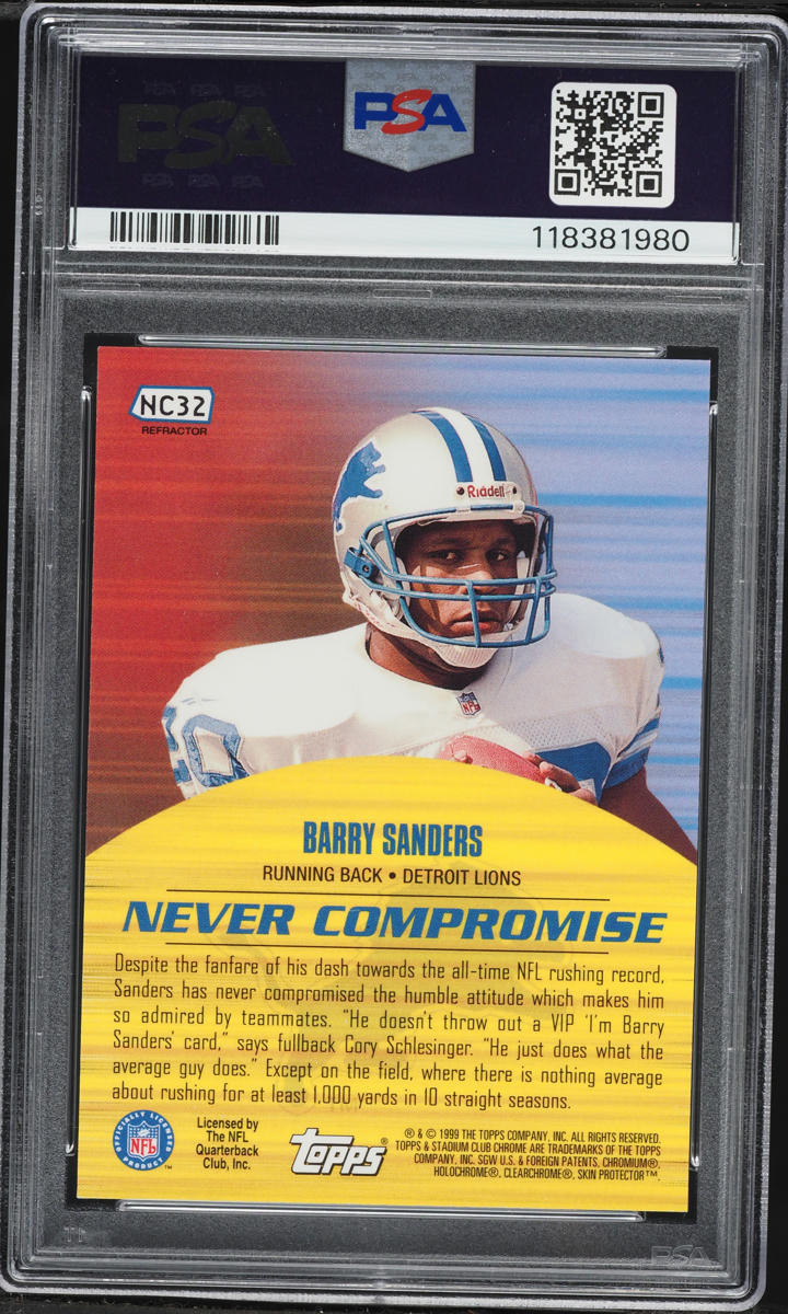 1999 Stadium Club Chrome Never Compromise Refractor Barry Sanders #NC32 PSA 9 MINT - Photo 2