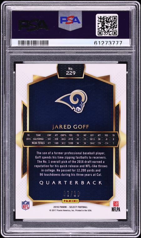 2016 Select Gold Prizm Jared Goff ROOKIE /10 #229 PSA 10 GEM MINT - Photo 2
