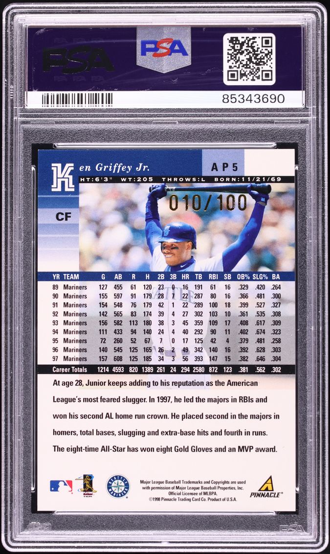 1998 Pinnacle Plus Artist's Proof Gold Ken Griffey Jr. /100 #AP5 PSA 9 MINT