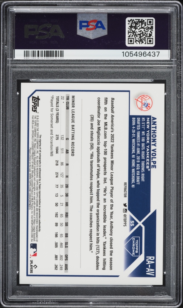 2023 Topps Chrome Refractor Anthony Volpe ROOKIE AUTO /499 #RAAV PSA 10 GEM MINT