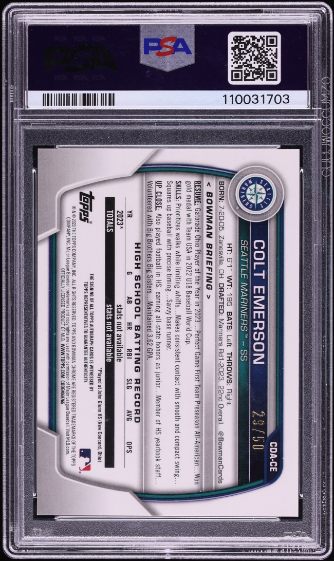 2023 Bowman Chrome Gold Shimmer Colt Emerson PROSPECT AUTO /50 #CDA-CE PSA 10 GEM MINT