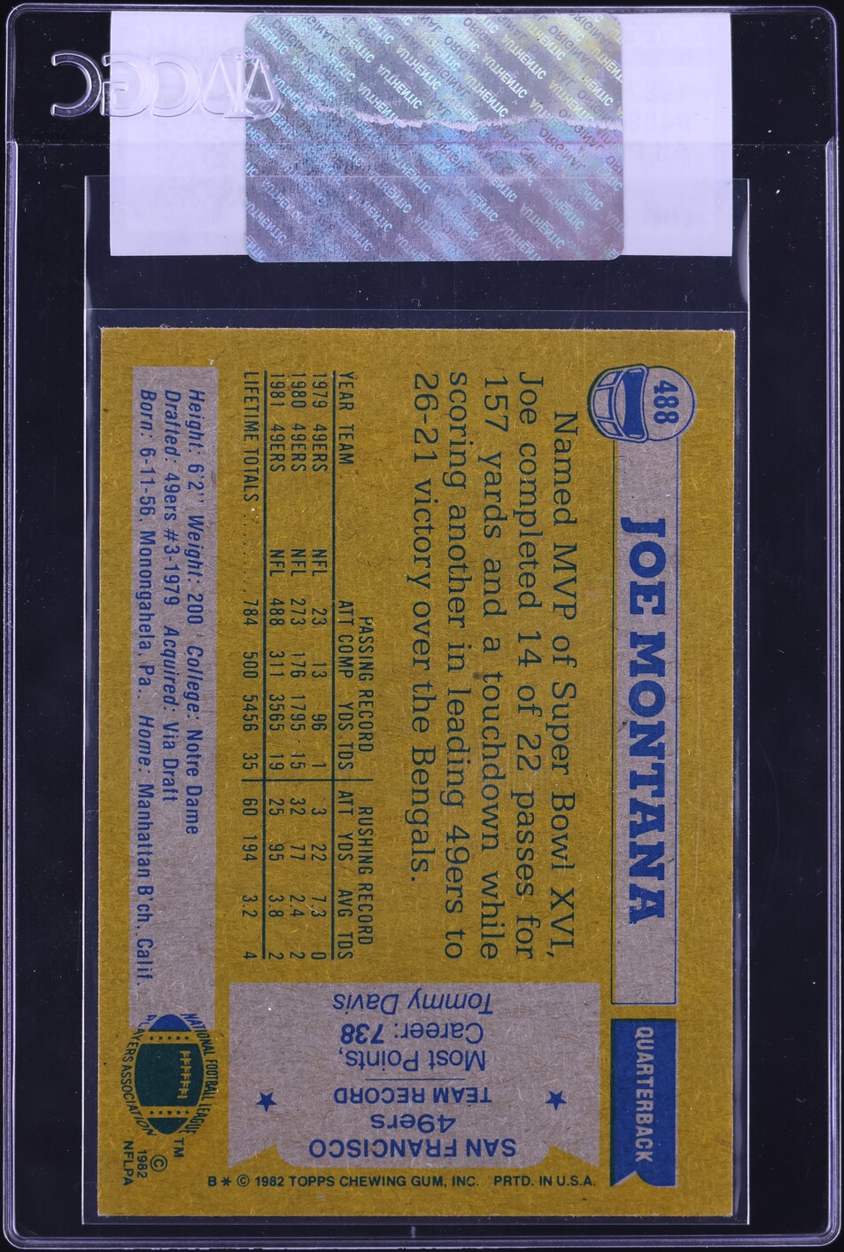 1982 Topps Football Joe Montana ALL PRO #488 CGC AUTH