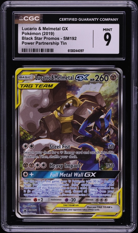 2019 Pokemon Sun & Moon Promo Power Partnership Tin Full Art Lucario & Melmetal GX #SM192 CGC 9
