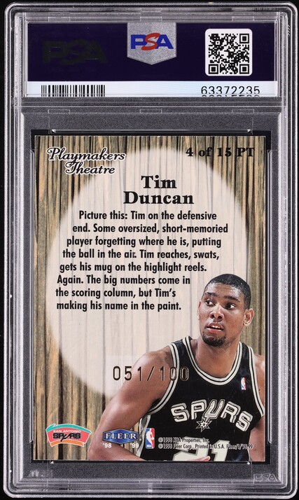 1998 Fleer Playmakers Theatre Tim Duncan /100 #4 PSA 8 NM-MT - Photo 2
