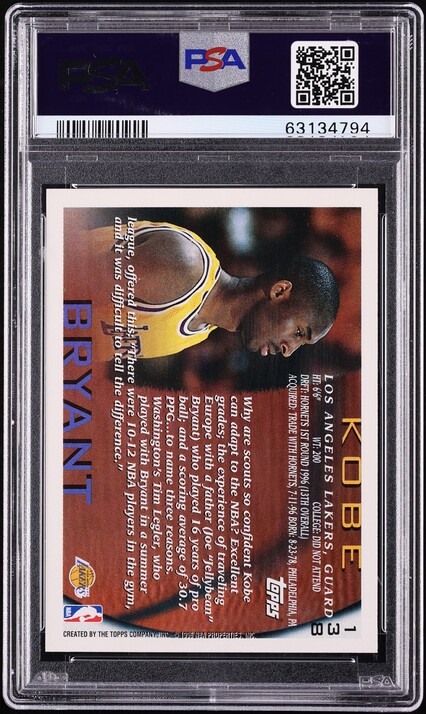 1996 Topps NBA 50th Kobe Bryant ROOKIE #138 PSA 10 GEM MINT - Photo 2