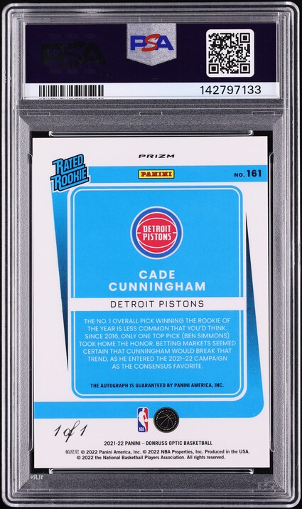 2021 Donruss Optic Checkerboard Cade Cunningham ROOKIE AUTO 1/1 #161 PSA 7 NRMT - Photo 2