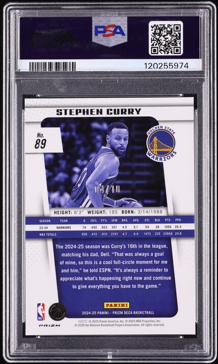2024 Panini Prizm Deca Gold Stephen Curry /10 #89 PSA 9 MINT - Photo 2