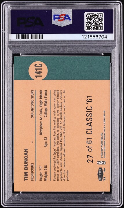 1998 Fleer Tradition Classic '61 Tim Duncan /61 #141C PSA 8 NM-MT - Photo 2