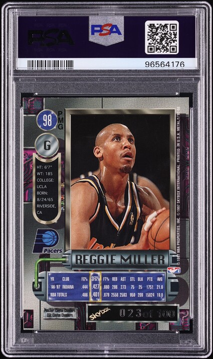 1997 Metal Universe Precious Metal Gems PMG Red Reggie Miller /100 #98 PSA 6 EXMT - Photo 2