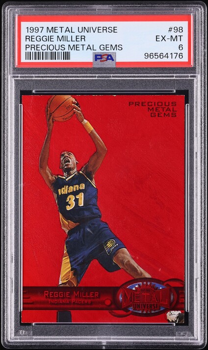 1997 Metal Universe Precious Metal Gems PMG Red Reggie Miller /100 #98 PSA 6 EXMT - Photo 1