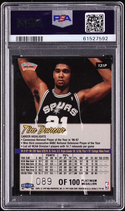 1997 Ultra Platinum Medallion Tim Duncan ROOKIE /100 #131P PSA 8 NM-MT - Photo 2
