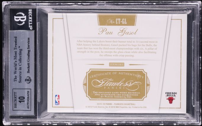 2015 Panini Flawless Championship Tags Pau Gasol PATCH AUTO 1/2 #CT-GL BGS 9 MINT - Photo 2