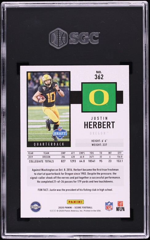 2020 Score Football Justin Herbert ROOKIE #362 SGC 10 GEM MINT