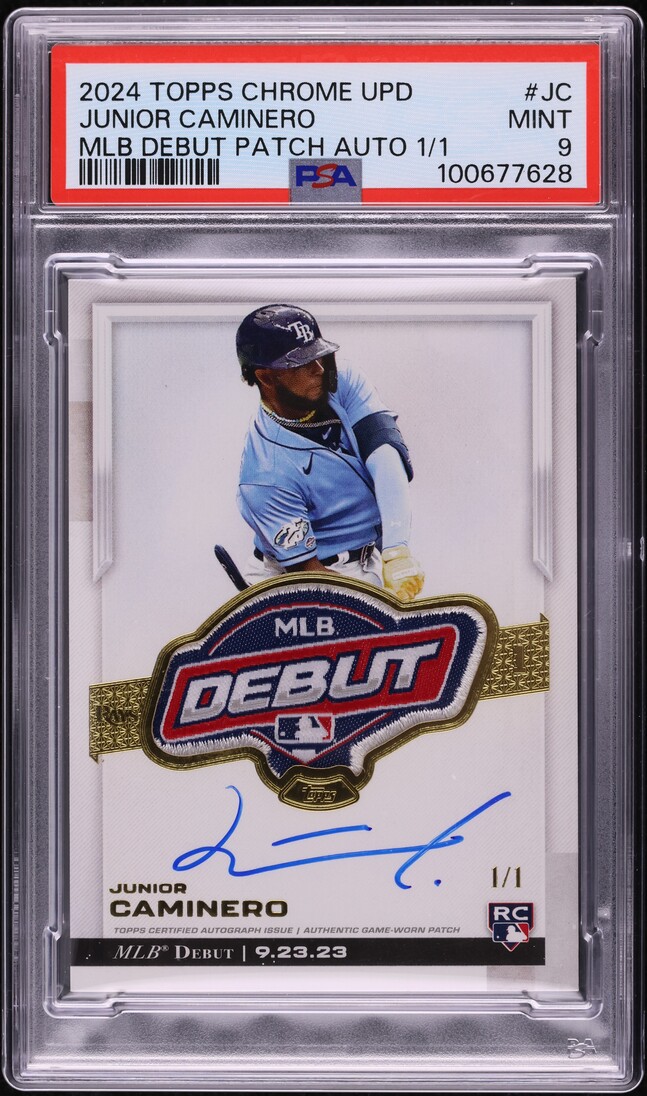 2024 Topps Chrome Update Junior Caminero ROOKIE MLB DEBUT PATCH AUTO 1/1 PSA 9