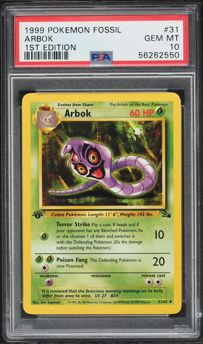 1999 Pokemon Fossil 1st Edition Arbok #31 PSA 10 GEM MINT