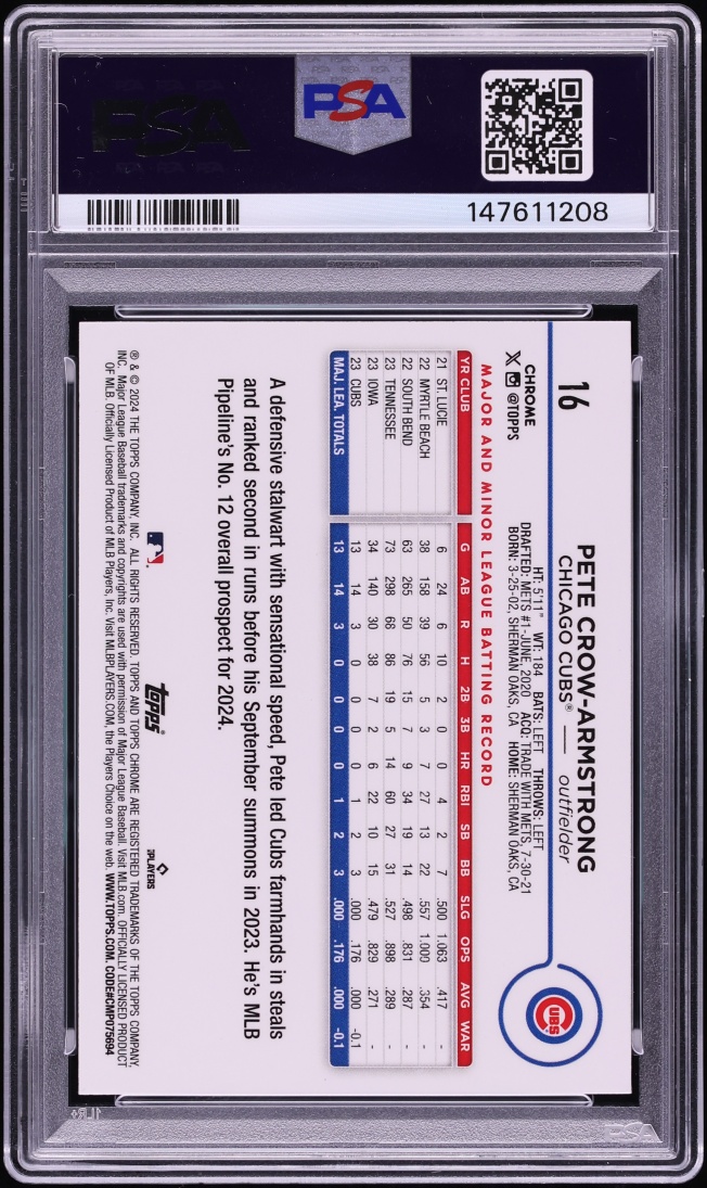 2024 Topps Chrome Green Sonar Refractor Pete Crow-Armstrong ROOKIE /99 #16 PSA 9 MINT