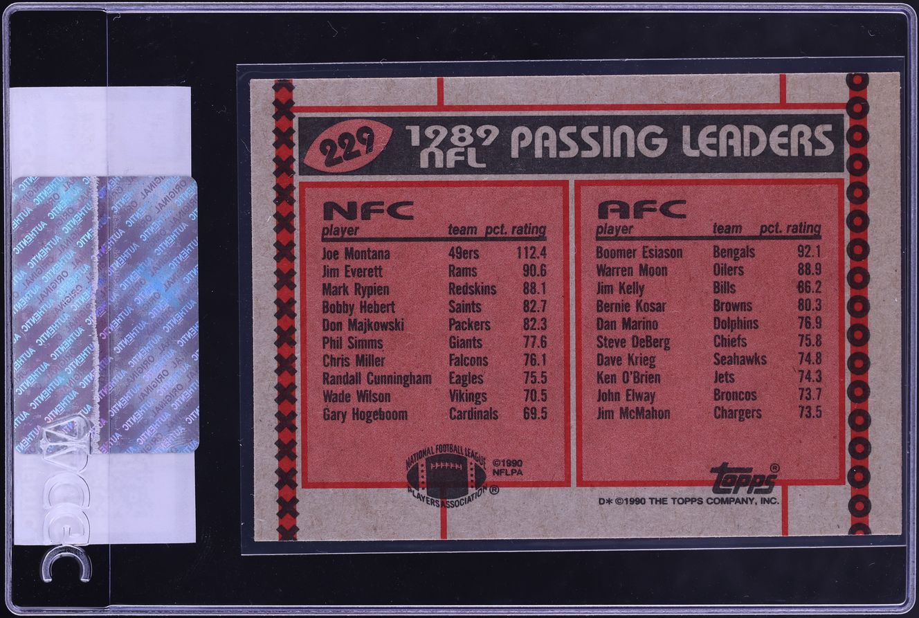 1990 Topps Football Joe Montana Boomer Esiason PASSING LEADERS #229 CGC AUTH