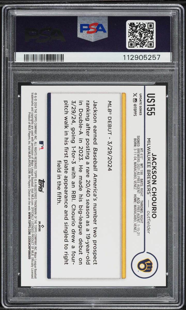 2024 Topps Update Jackson Chourio ROOKIE #US155 PSA 10 GEM MINT