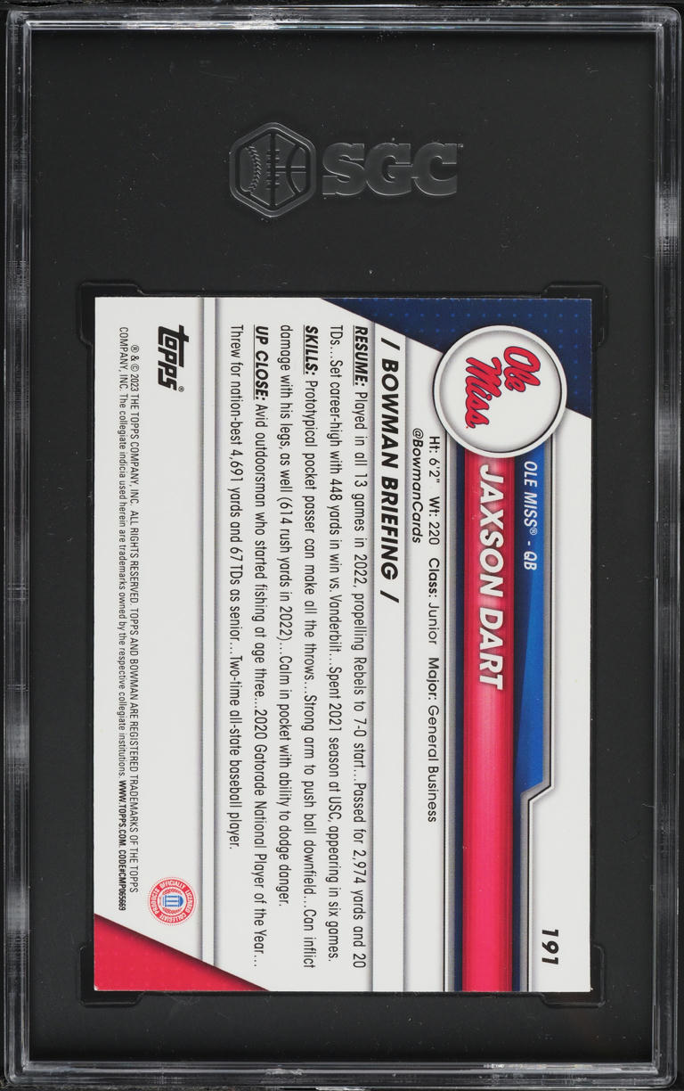 2023 Bowman Chrome University Jaxson Dart ROOKIE #191 SGC 9.5 MINT+